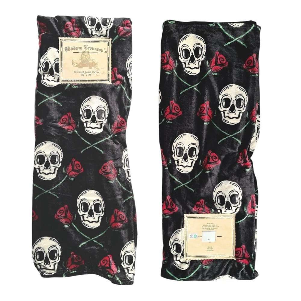 Madam Troussou’s   Black skull blanket 50” x 70” new with tags factory wrapped